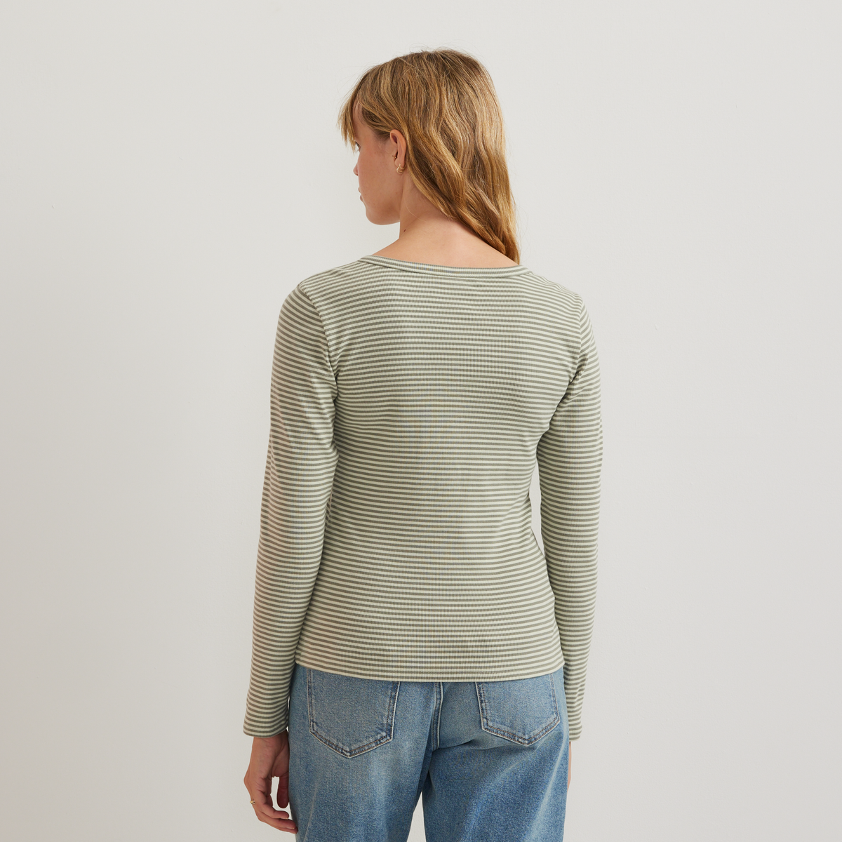 Women's Long-Sleeve Ribbed Henley T-Shirt - Stripe-Honeydew-Regular-F1