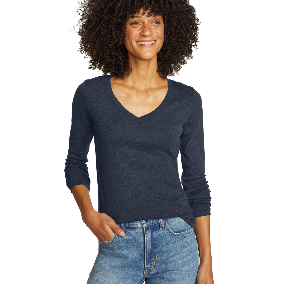 Women's Fav Long-Sleeve V-Neck T-Shirt Med Htr Indigo Regular-6