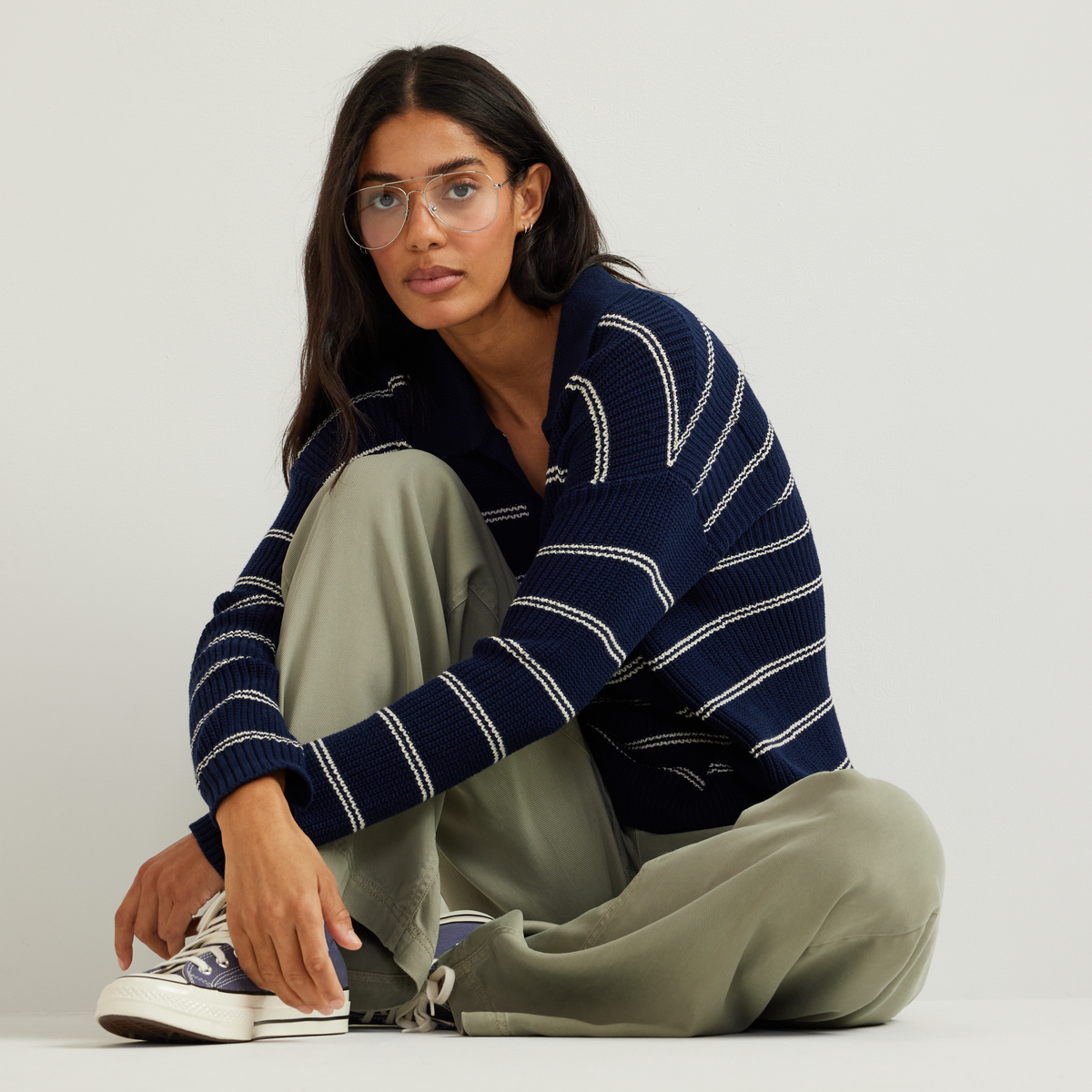 Women's Johnny Collar Striped Sweater-Brook-Regular-T1