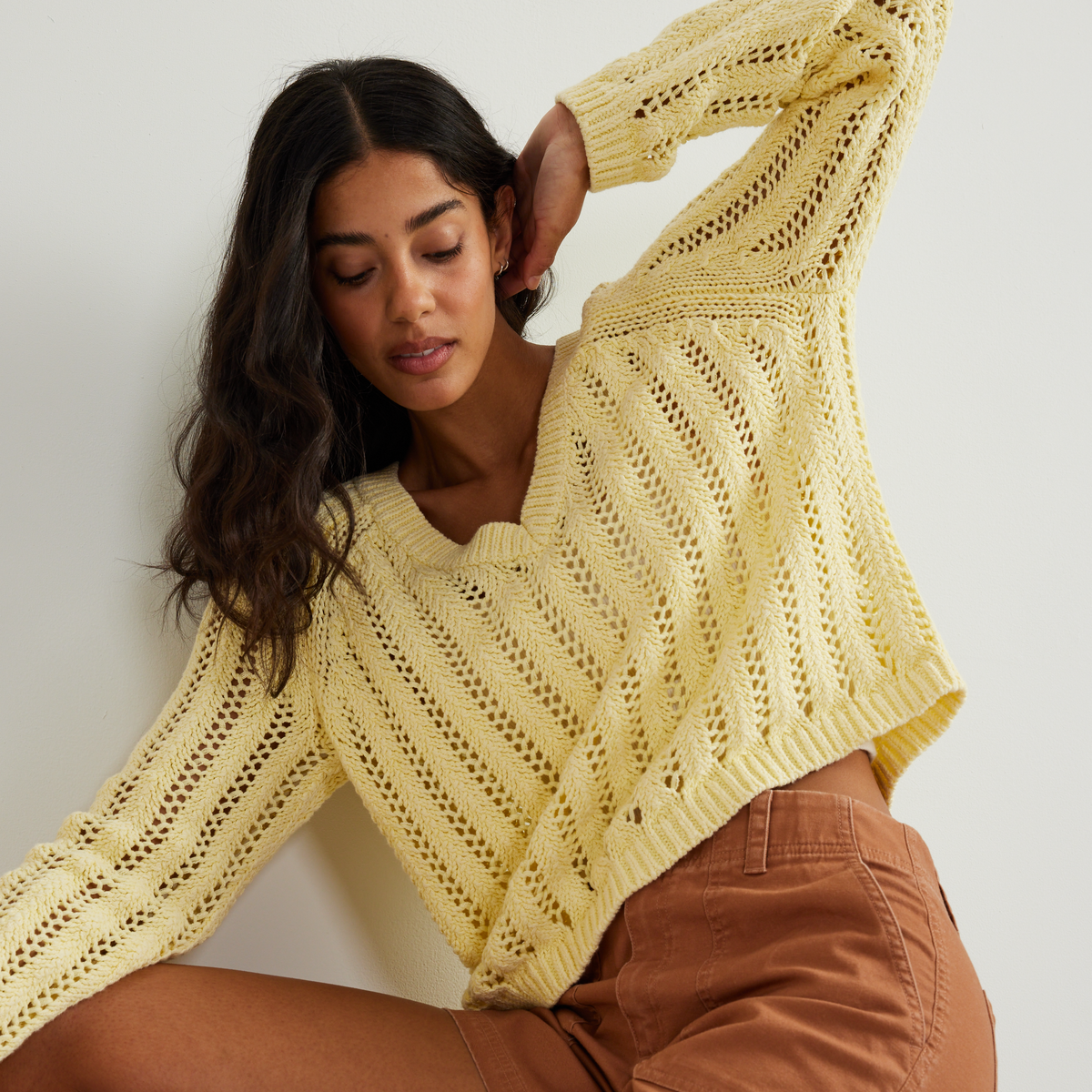 Women's Pointelle Pullover-Yellow-Regular-T3