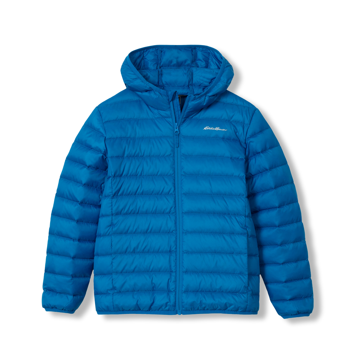 Blue quilted hooded down jacket with horizontal stitch pattern and front zip closure.