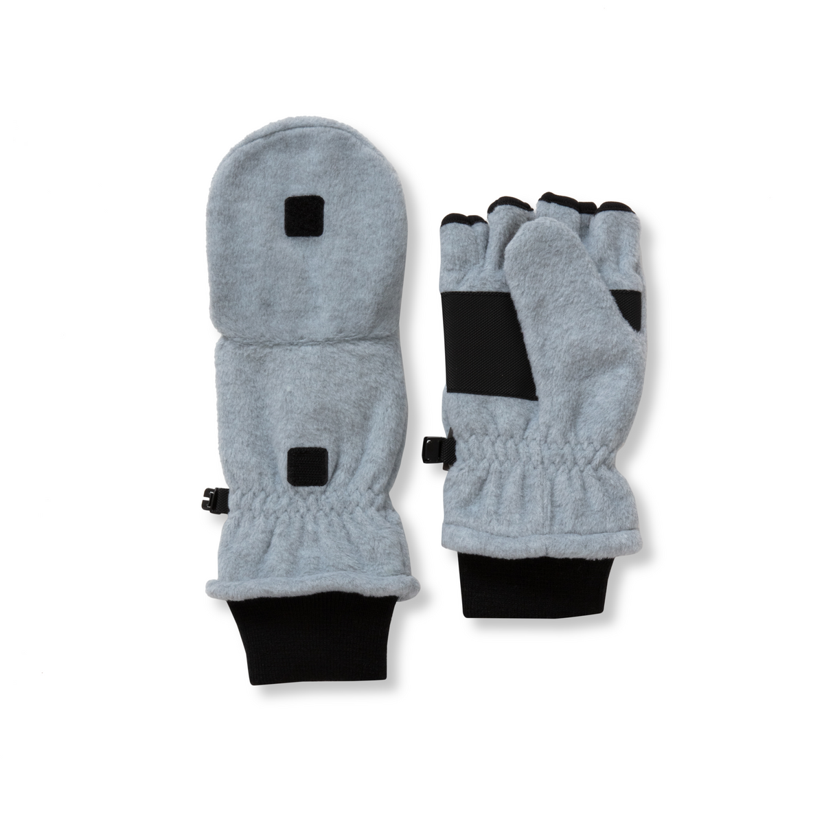 Gray fleece mittens with black trim and convertible finger flaps that fold back to expose fingertips.