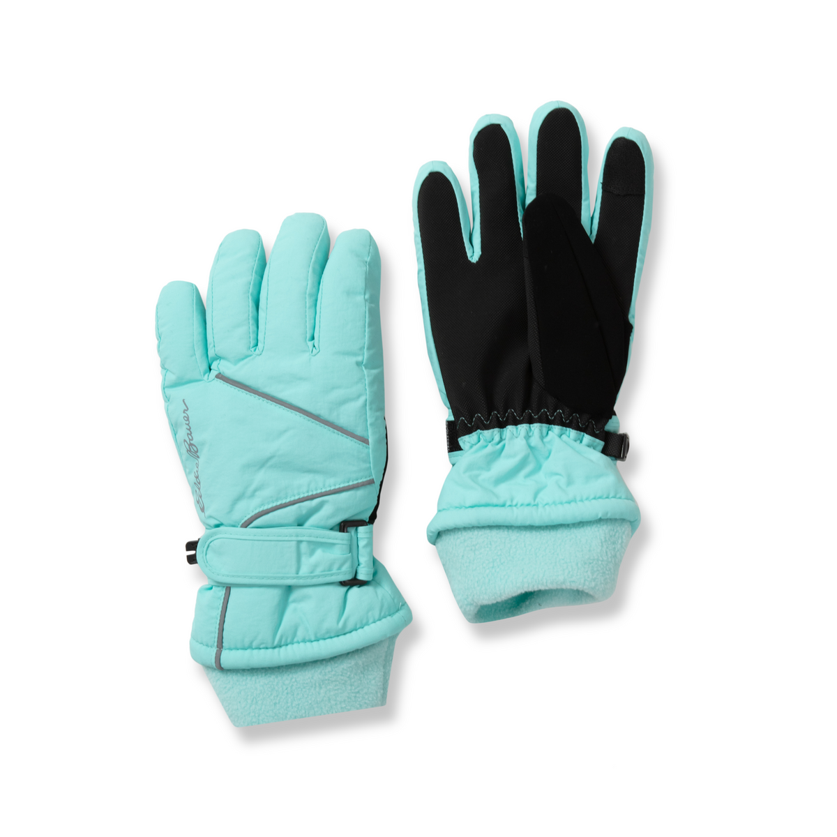 Pair of turquoise and black padded ski gloves with fleece cuffs and wrist straps.