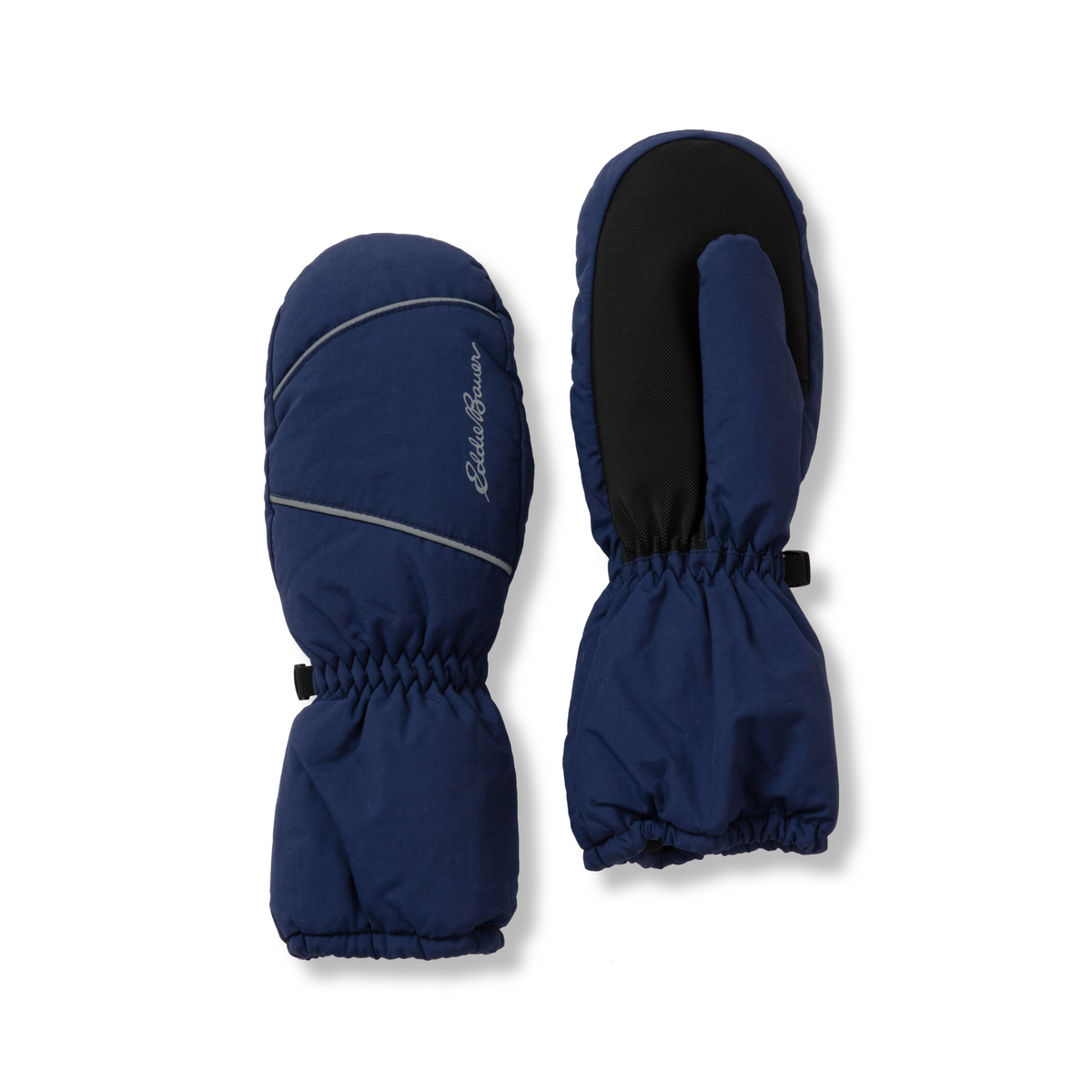 Navy blue and black insulated mittens with reflective stripe and gathered wrist cuffs.