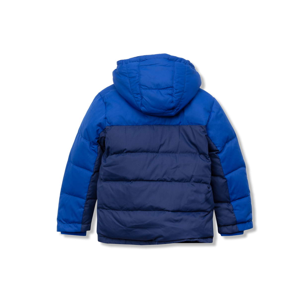 Blue and navy quilted down jacket with hood for toddler girls.