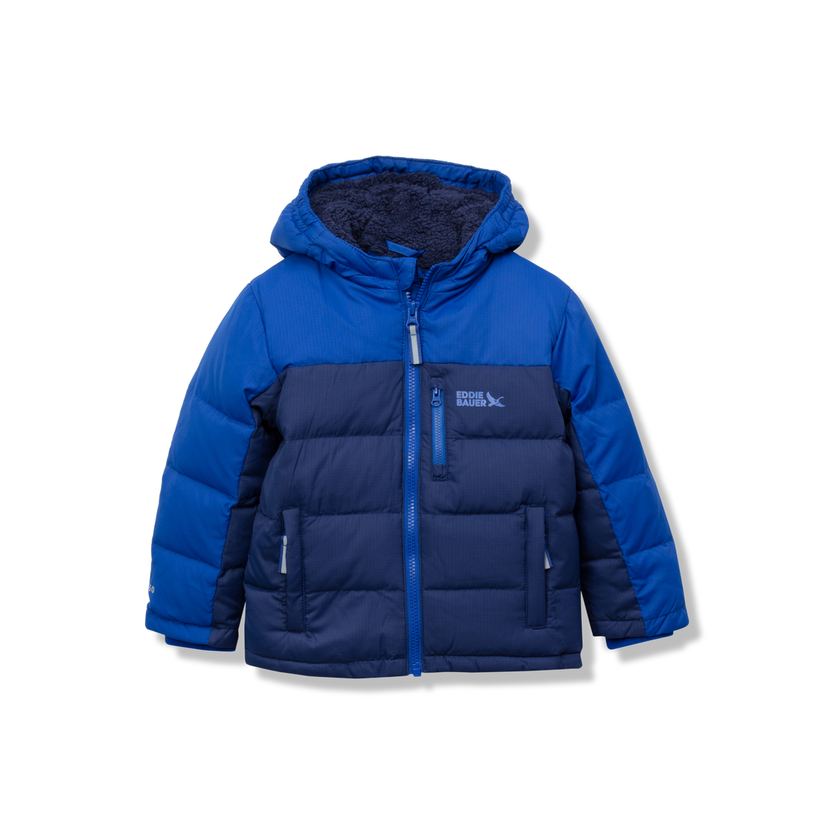 Blue and navy down jacket with hood, zip front, and quilted panels for toddler girls.