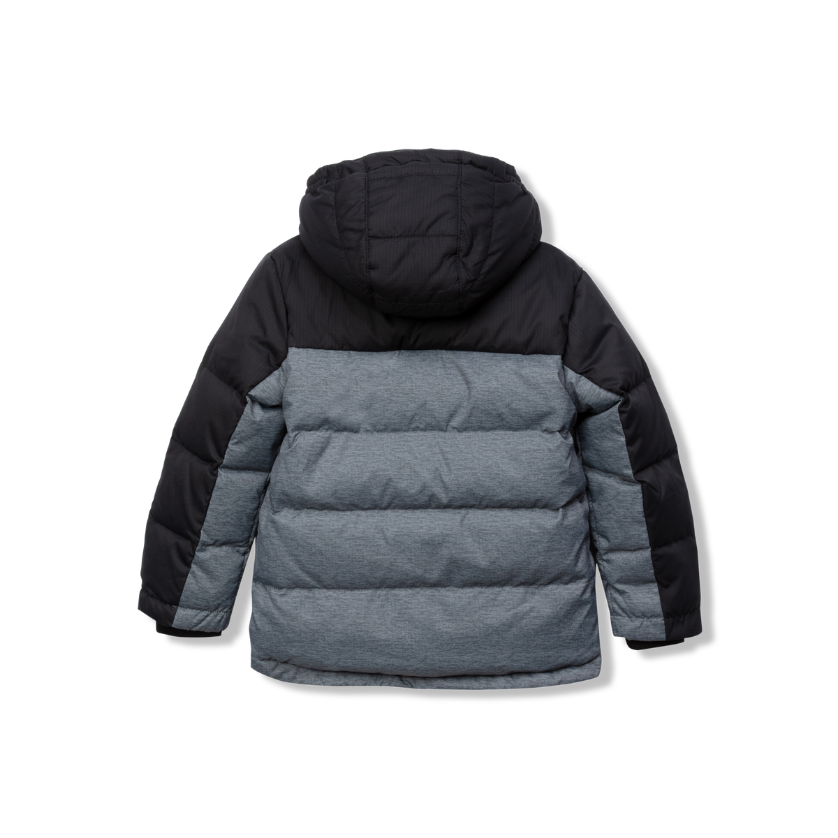Black and gray quilted down jacket with hood for toddler girls.