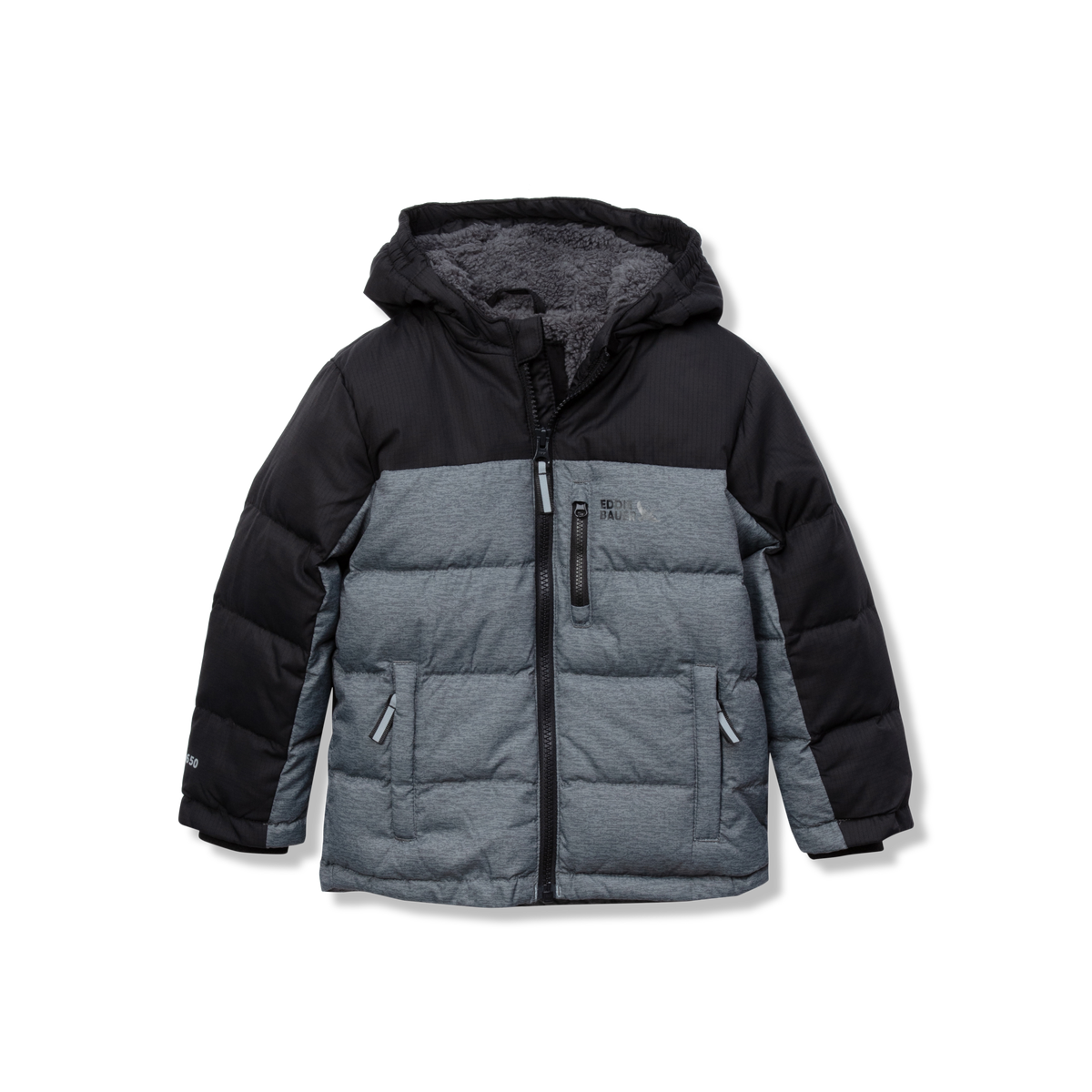 Toddler down jacket in black and gray with hood, quilted panels, and front zip closure.