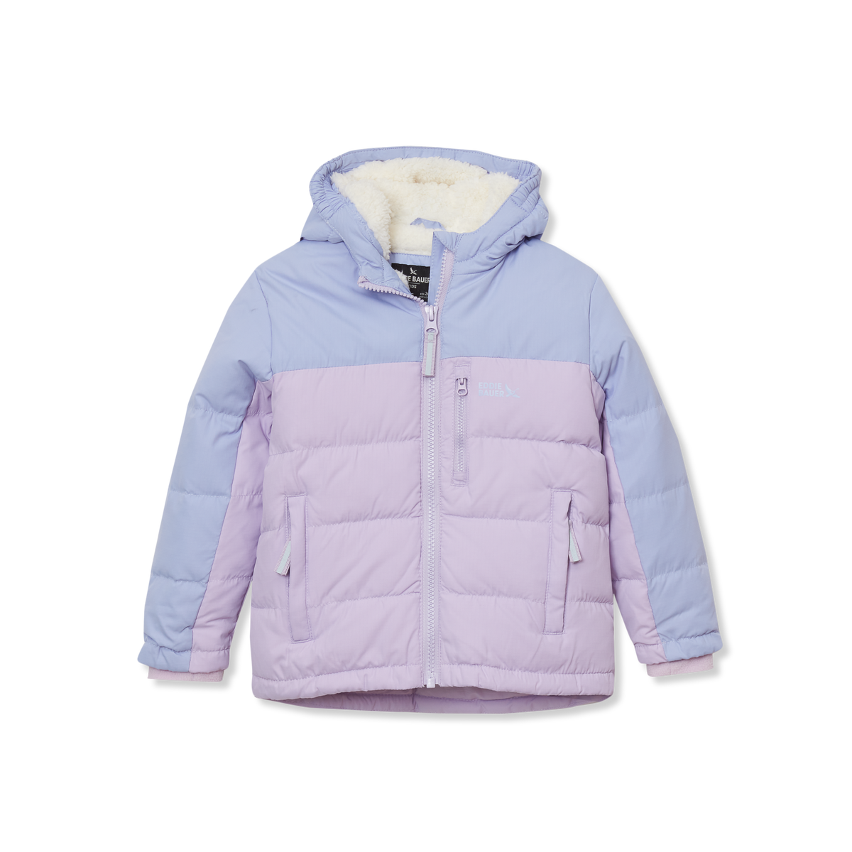 Pink and blue colorblock down jacket with cream fleece-lined hood and front zip closure.