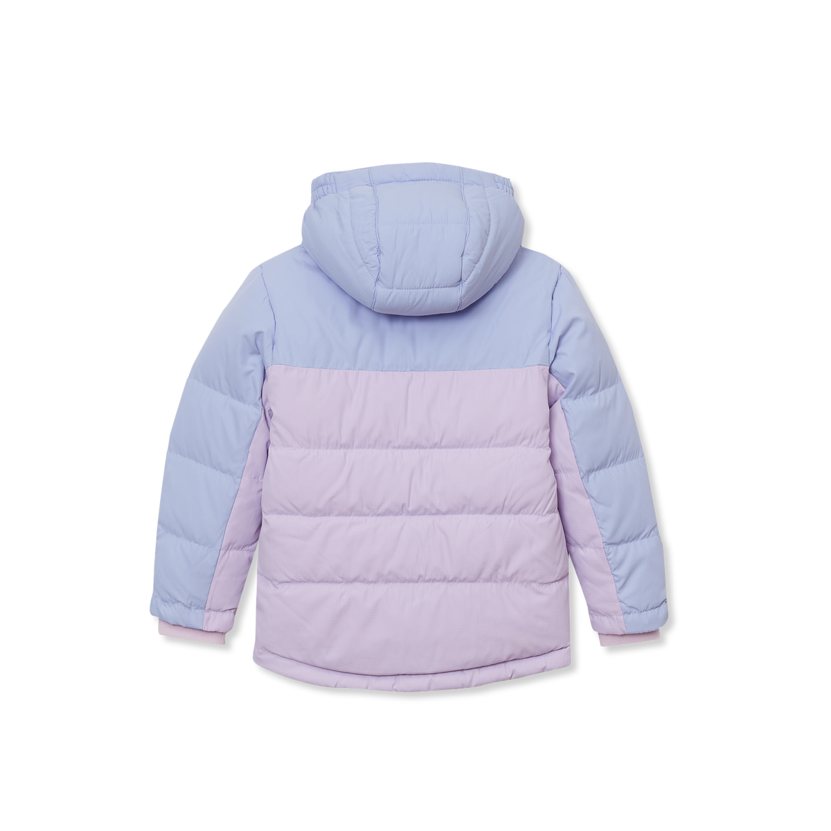 Toddler down jacket with light blue upper body, pink lower section, and attached hood, shown from back view.