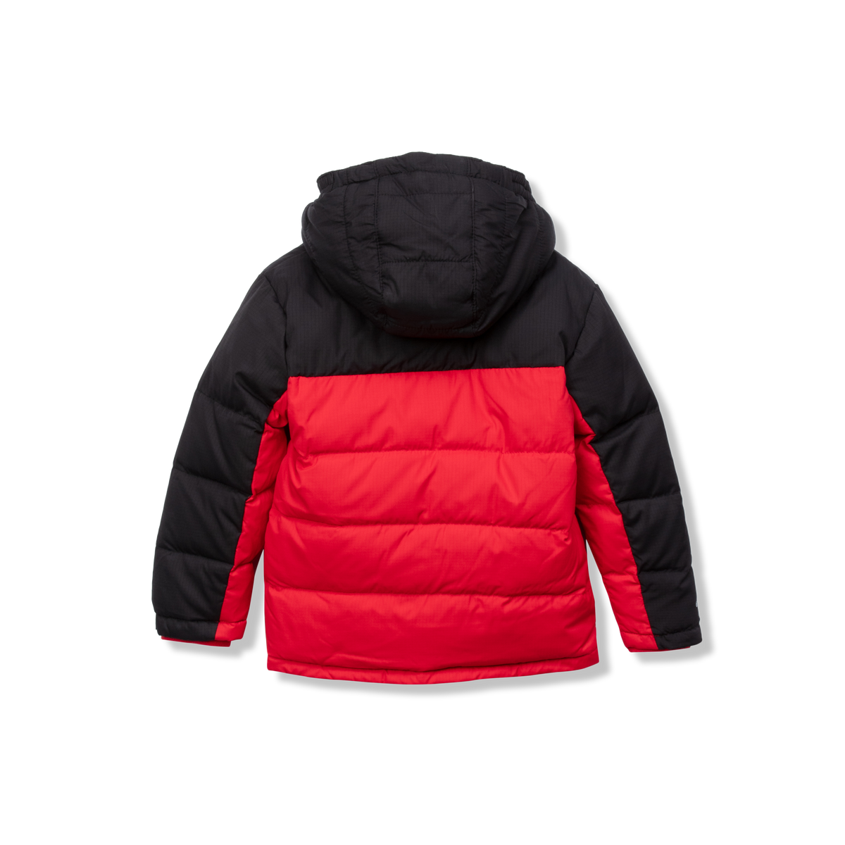 Black and red quilted down jacket with hood for toddlers, shown from back view.