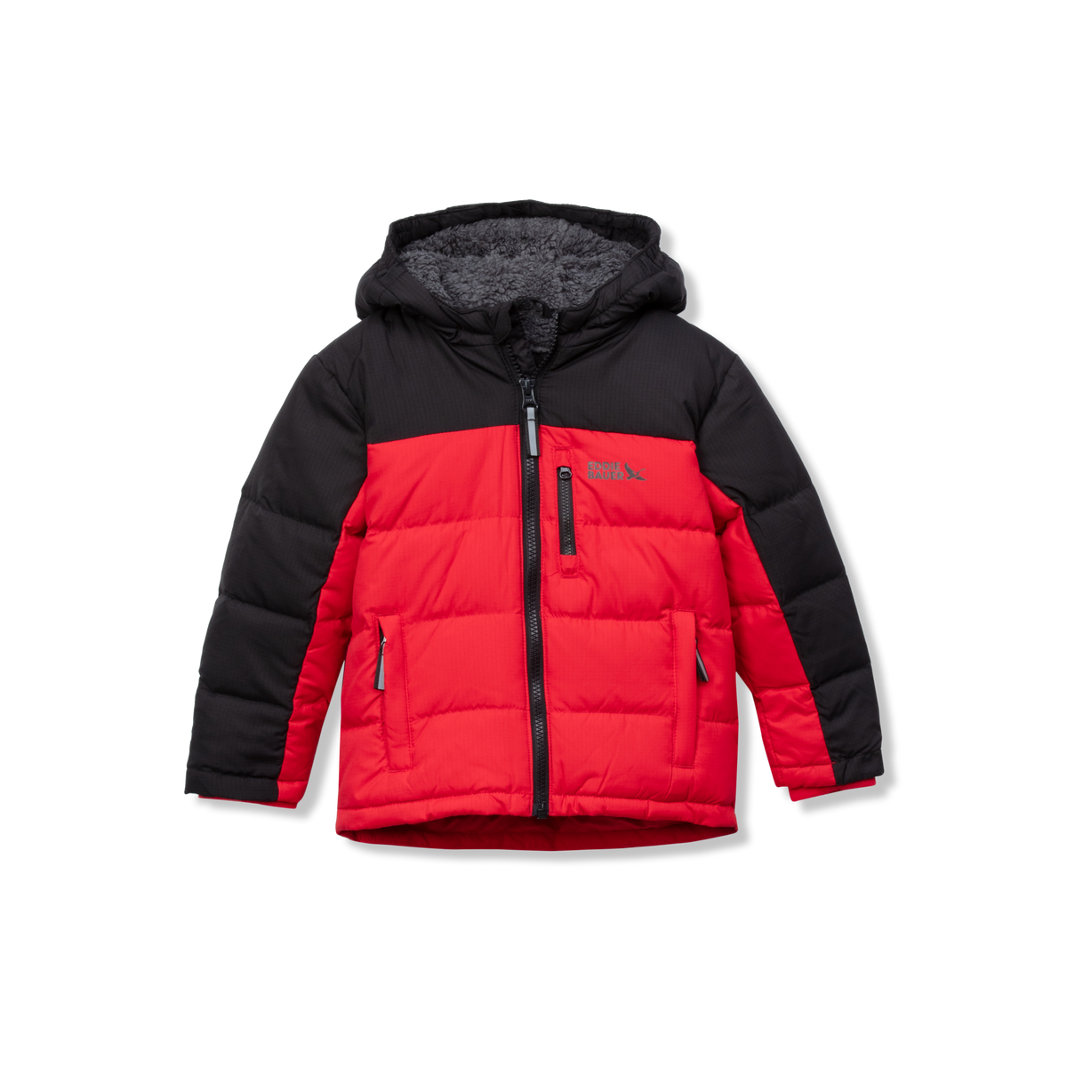 Black and red quilted down jacket with hood and front zip closure for toddler girls.