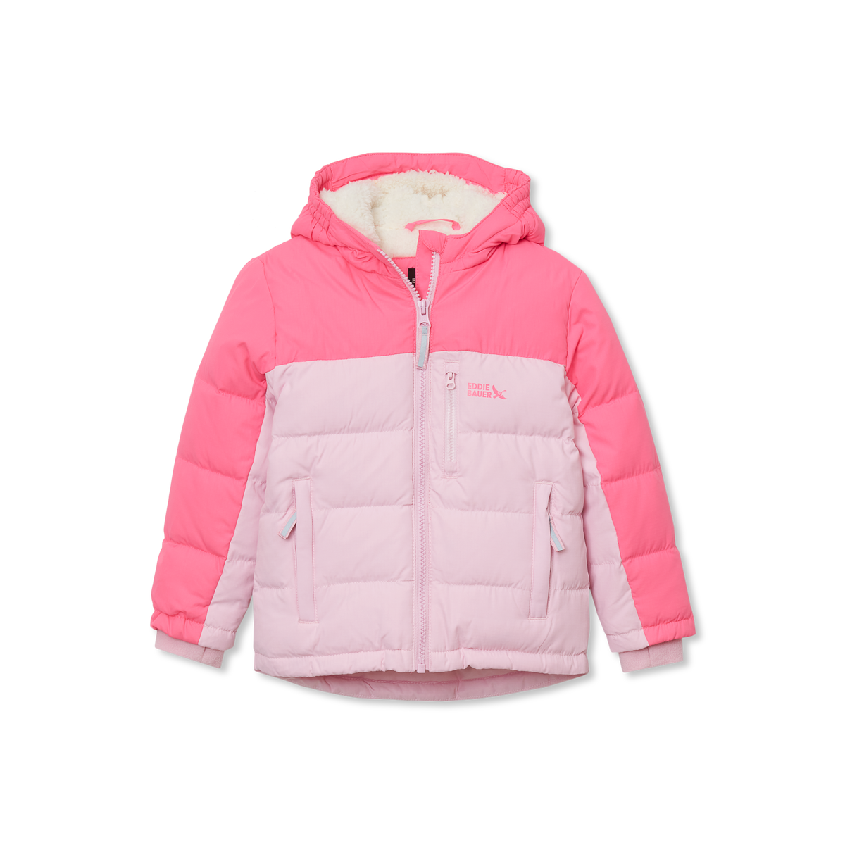 Pink and light pink color-block down jacket with hood and fleece lining for toddler girls.