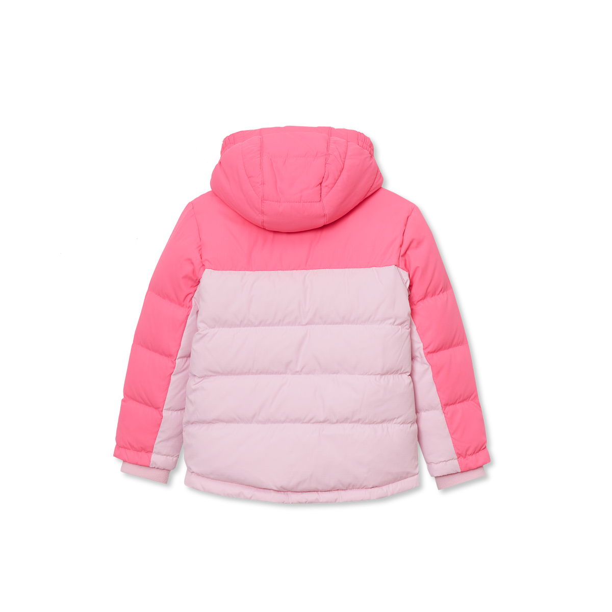 Pink and light pink quilted down jacket with hood for toddler girls, shown from back view.