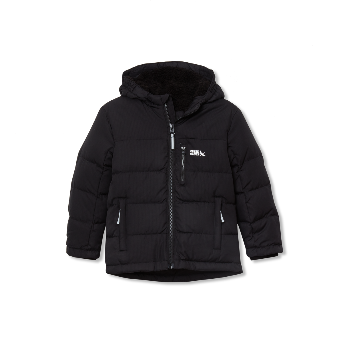 Black quilted down jacket with hood, zippered front, and white side pocket trim for toddler boys.
