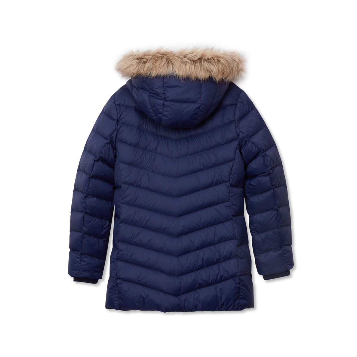 Navy quilted down parka with faux fur-trimmed hood and horizontal stitching, shown from front.