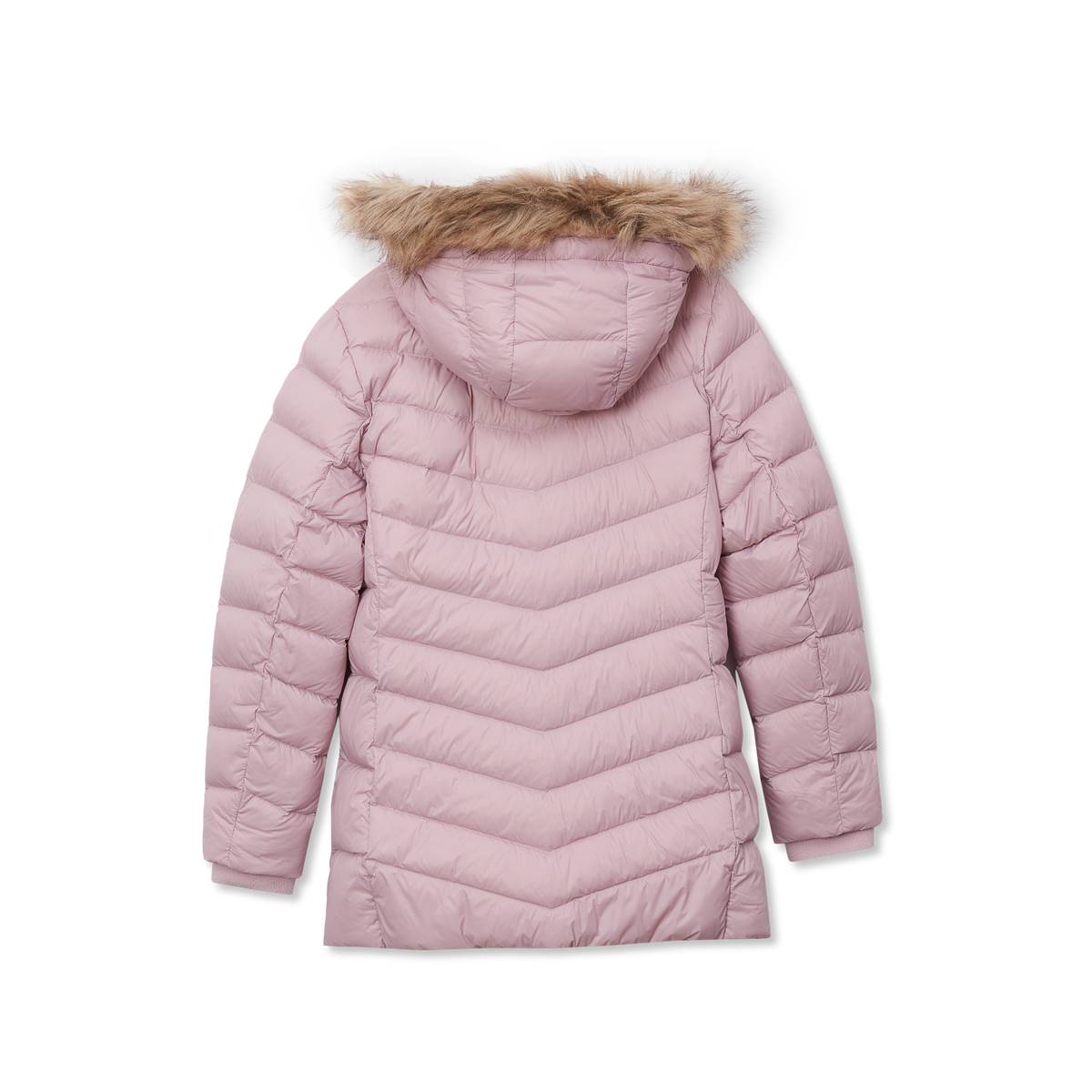 Pink quilted down parka with faux fur-lined hood and long sleeves.