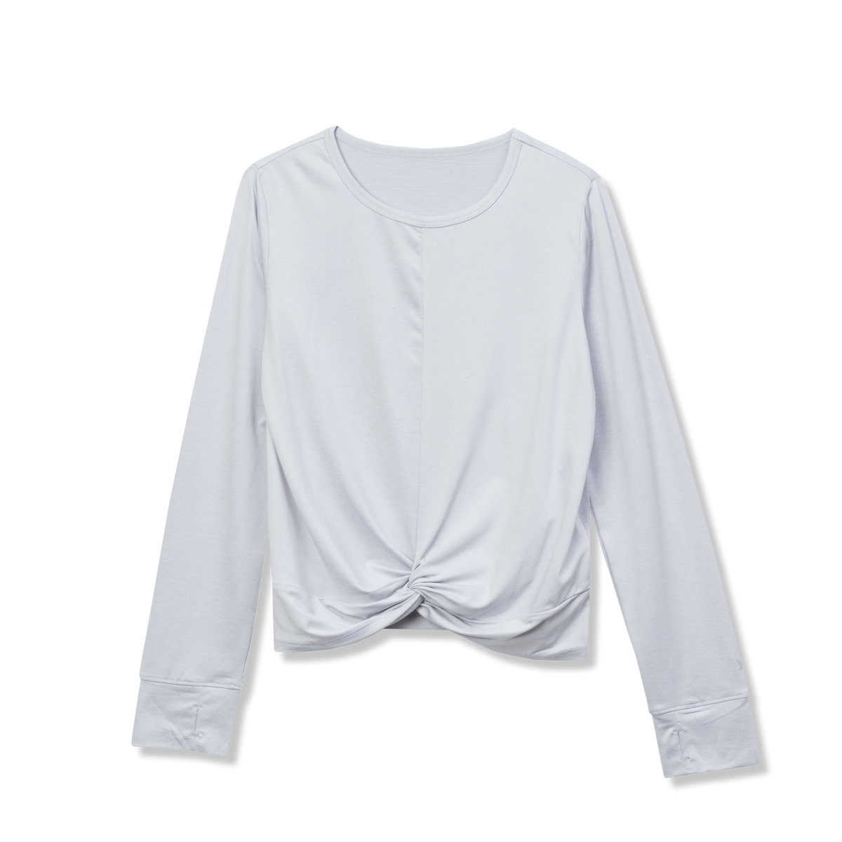 Light gray long-sleeve top with twisted front knot detail and crew neckline.