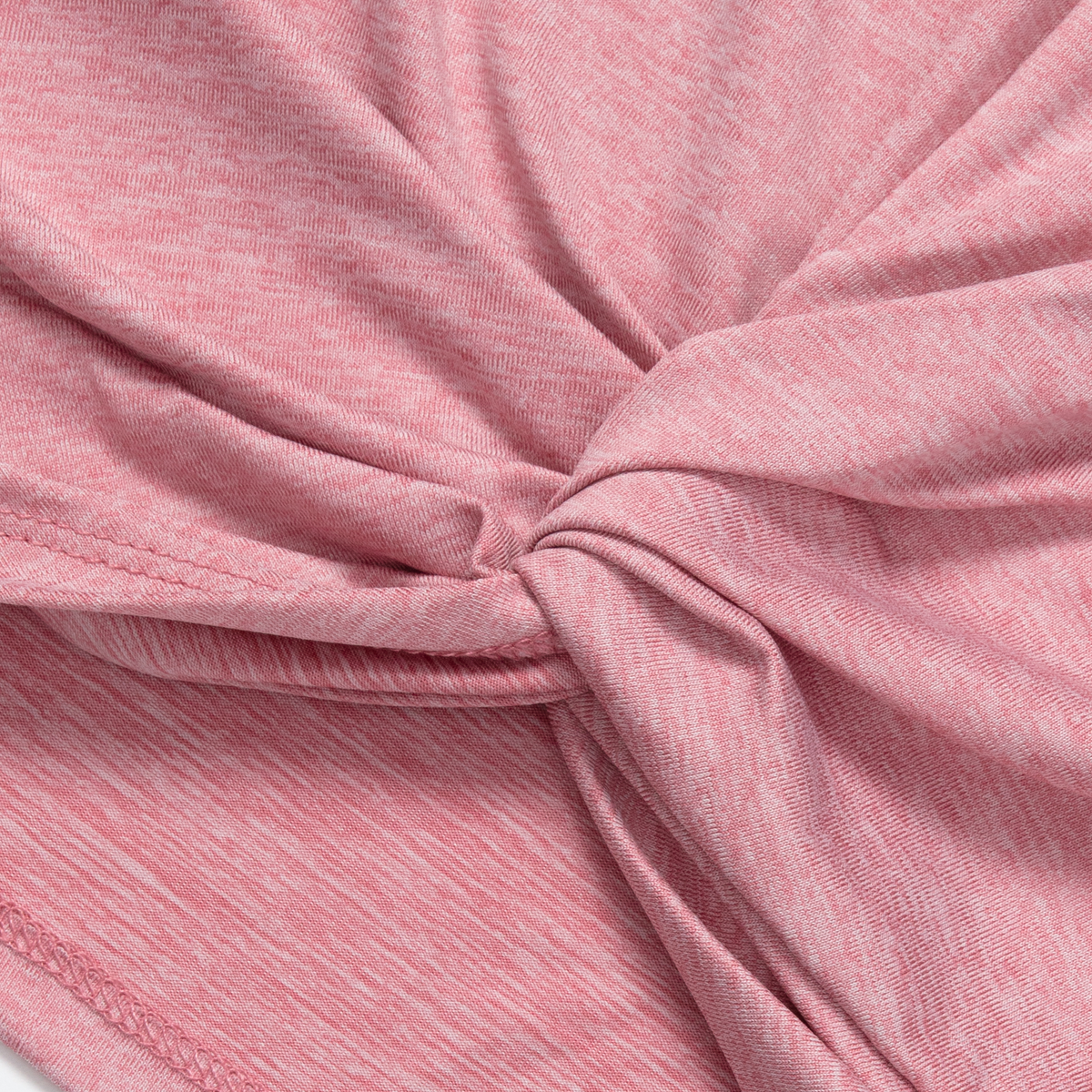 Pink long-sleeve top with twisted front detail and ribbed knit fabric.