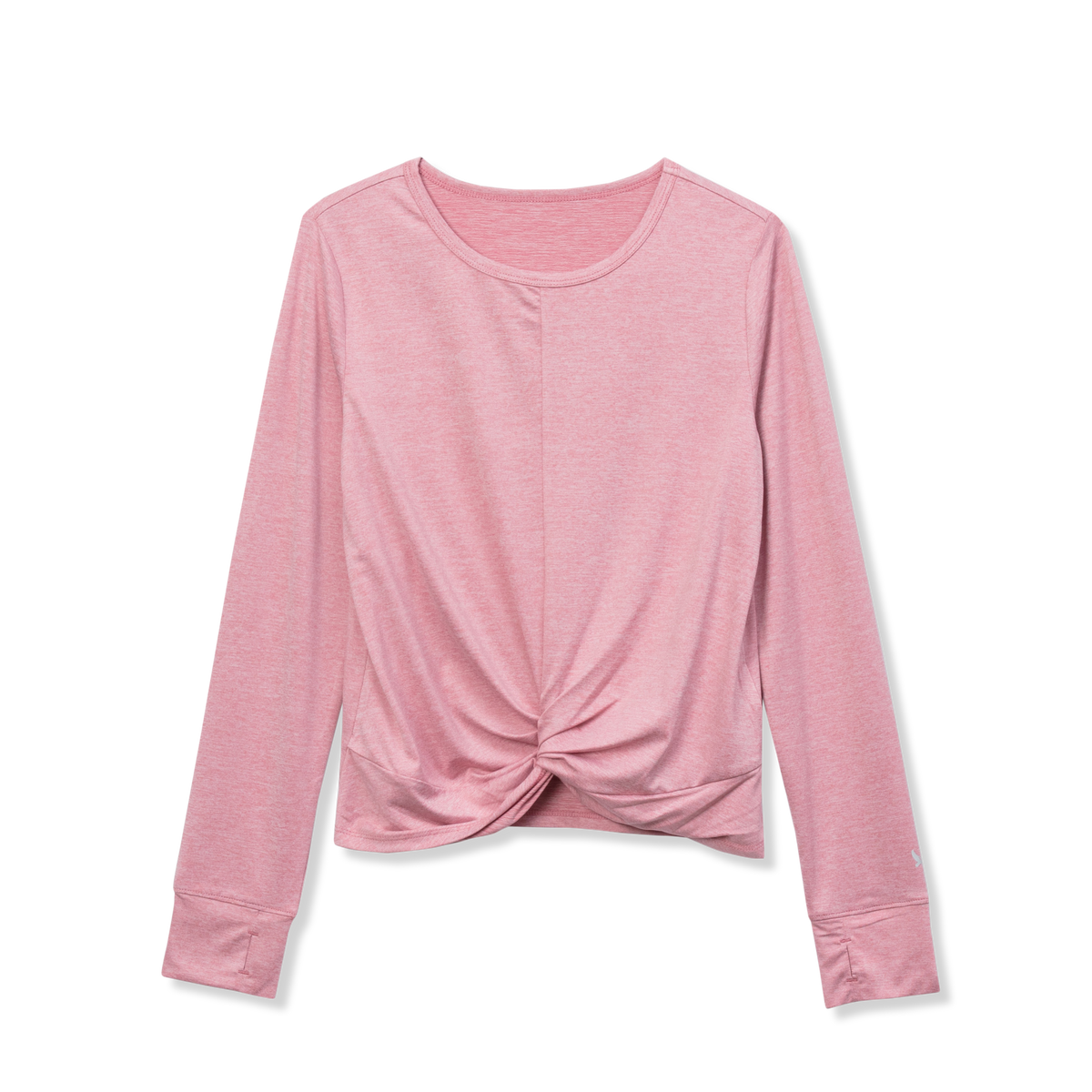Pink long-sleeve top with twisted knot detail at front and crew neckline.