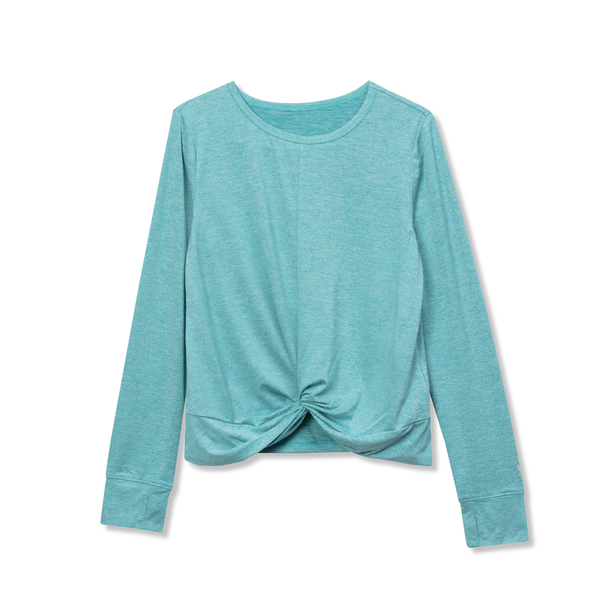 Turquoise long-sleeve top with front twist detail and crew neckline.
