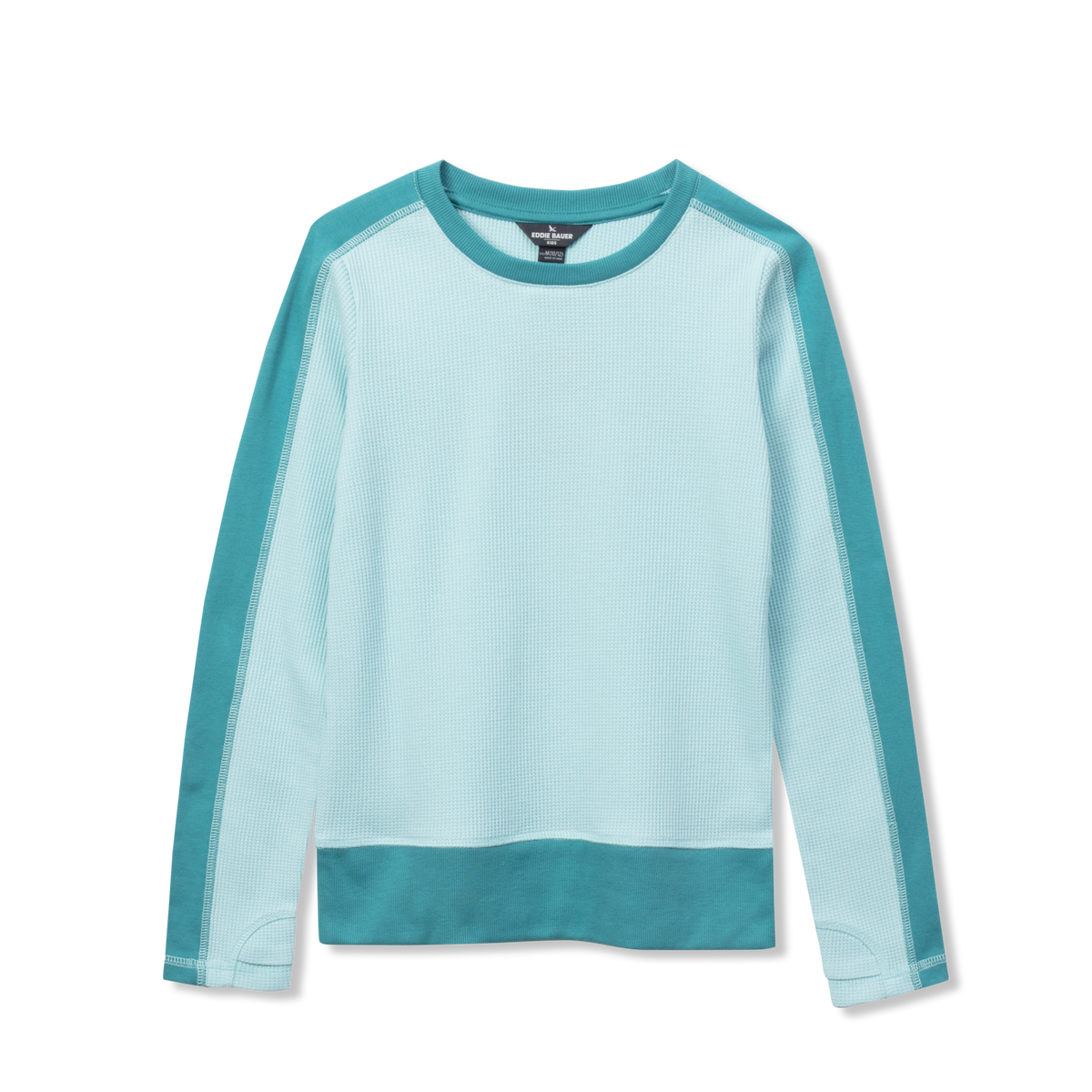 Girls thermal long-sleeve top with light blue mesh body, teal ribbed sleeves, neckline, and hem band.