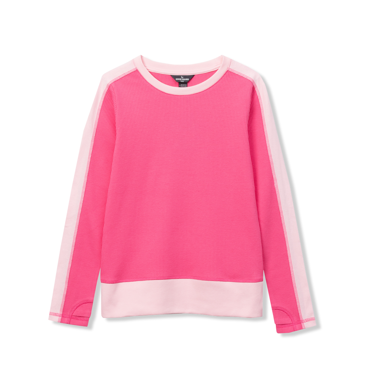 Pink thermal long-sleeve top with light pink side panels and crew neckline.