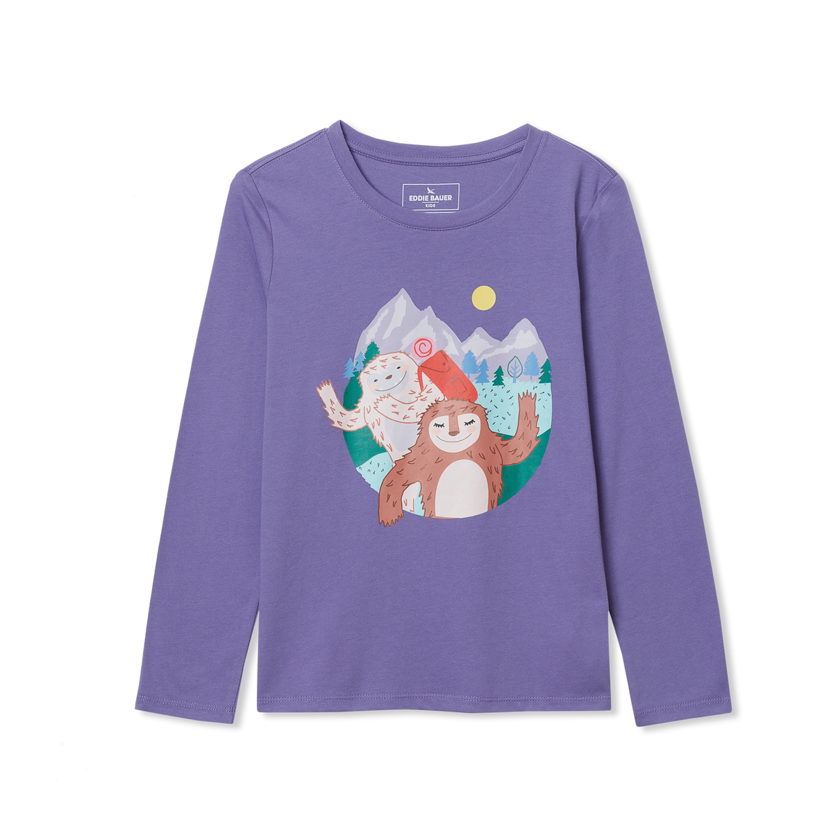 Purple long sleeve tee with graphic print of a bear and gnome in a mountain landscape with sun and trees.