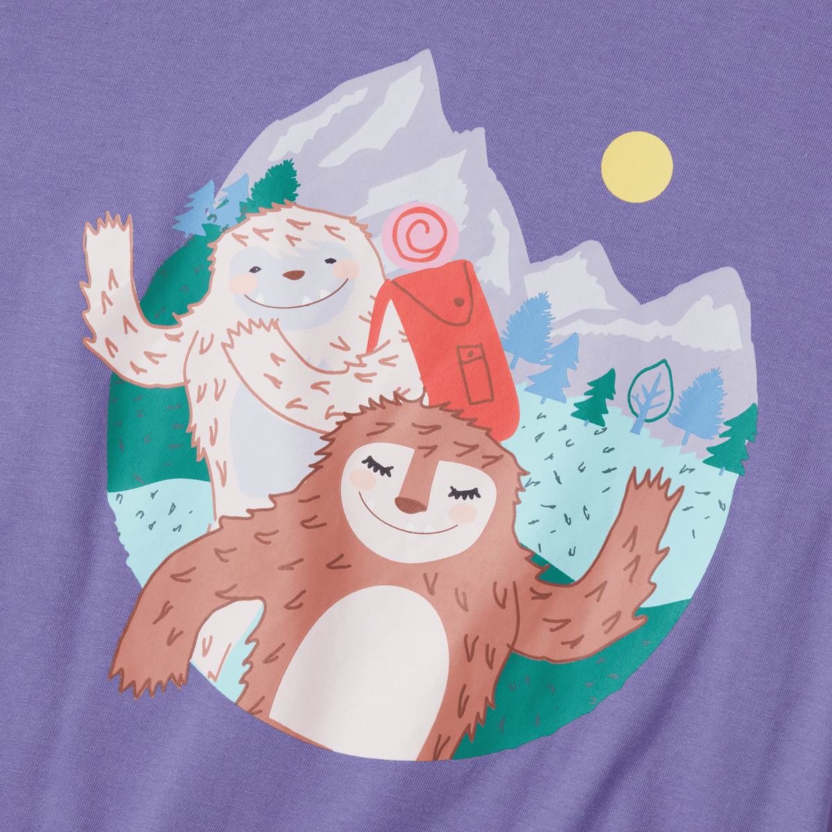 Purple long sleeve tee with illustrated graphic of smiling yeti and bear in snowy mountain landscape.