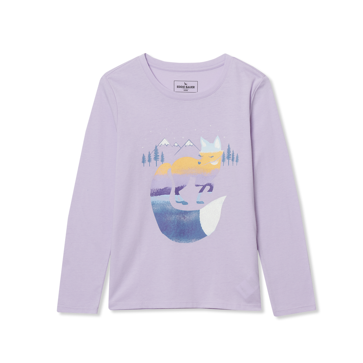 Lavender long sleeve tee with graphic of yellow fox and blue whale surrounded by mountains and trees.