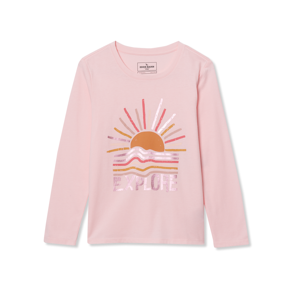 Pink long sleeve tee with sun and wave graphic design in orange, red, and purple tones.