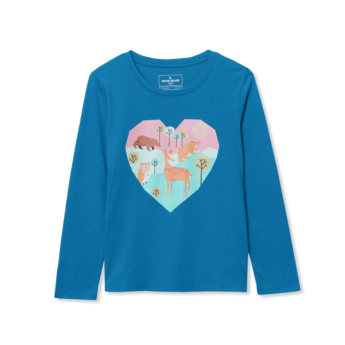 Teal long sleeve tee with heart-shaped graphic featuring woodland animals and trees on front.