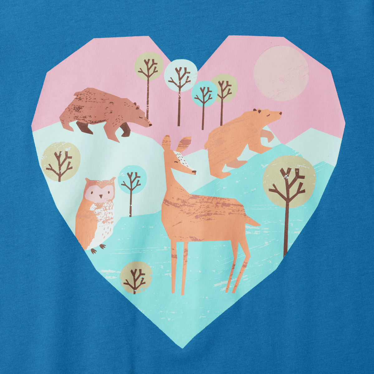 Pink long sleeve tee with heart-shaped graphic featuring woodland animals and trees on blue background.