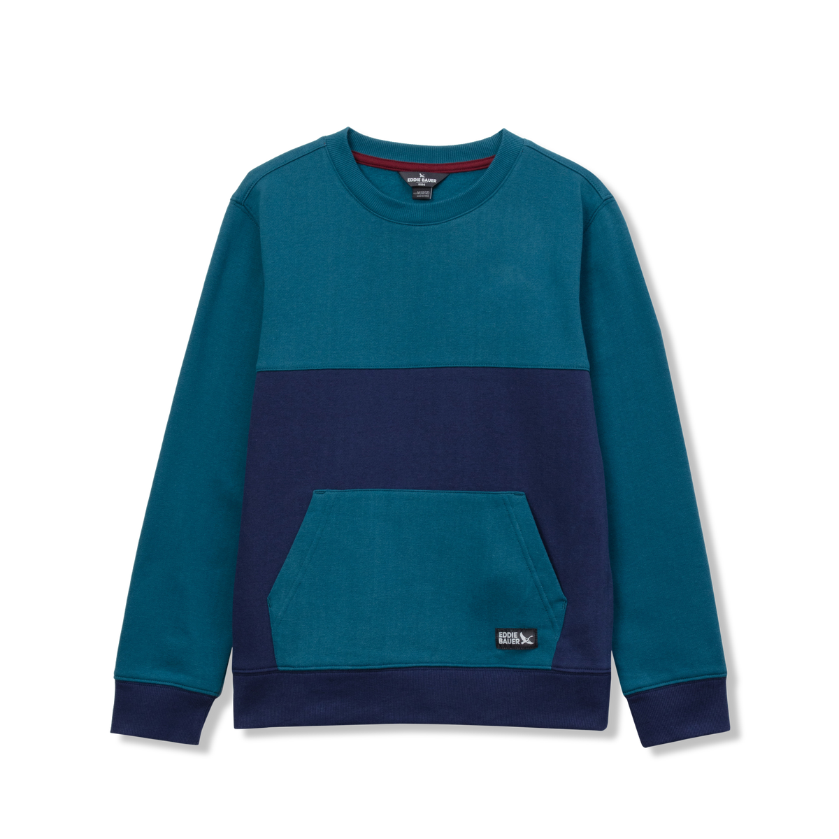 Boys crewneck fleece sweatshirt with teal and navy color blocking, featuring a kangaroo pocket.