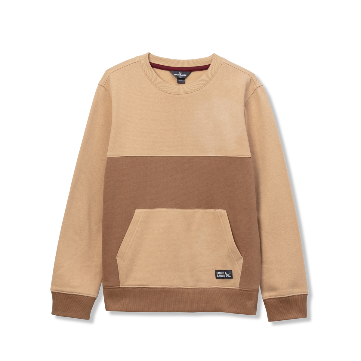Tan and brown colorblock crewneck sweatshirt with kangaroo pocket and ribbed cuffs.