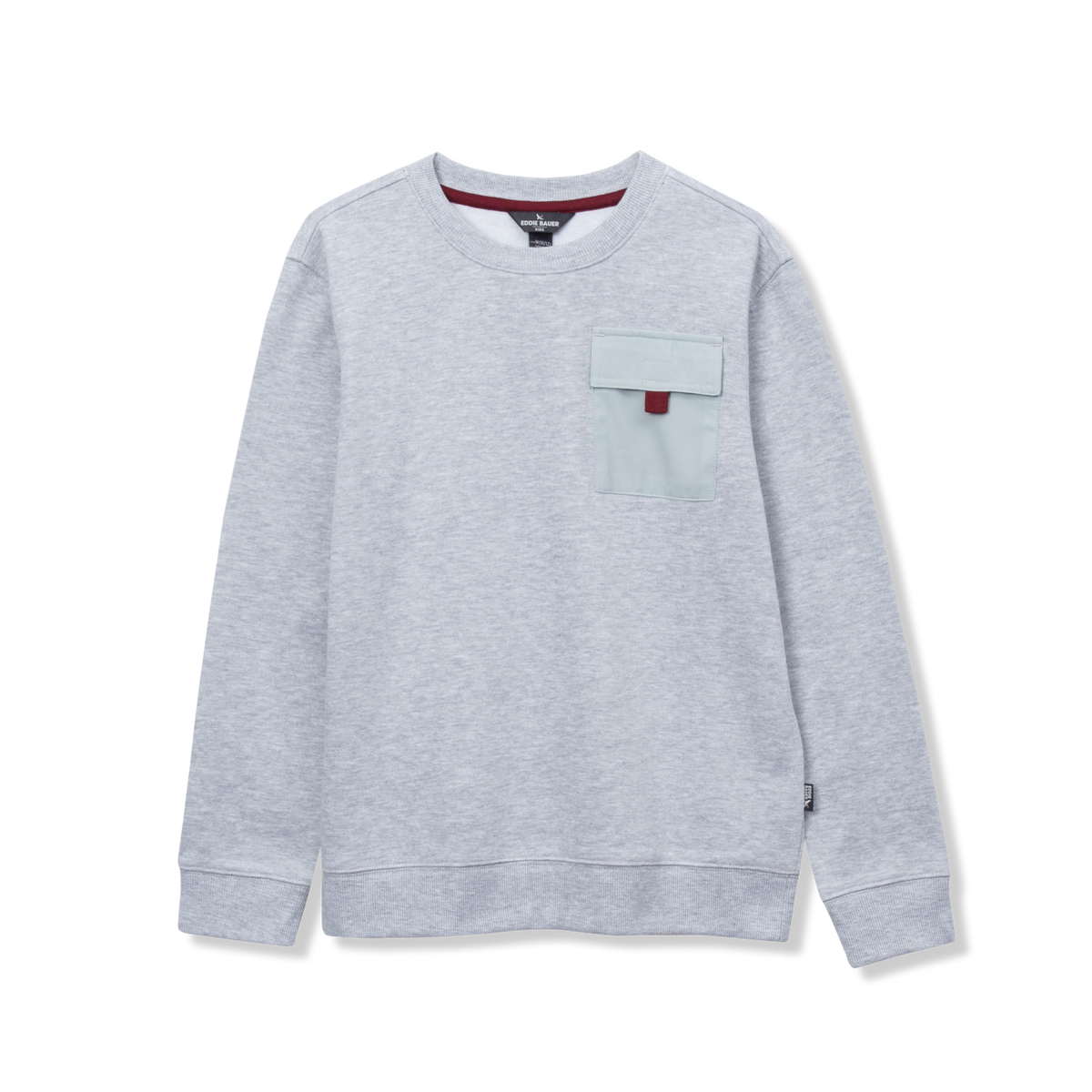 Light gray crewneck fleece sweatshirt with contrast chest pocket and burgundy trim detail.