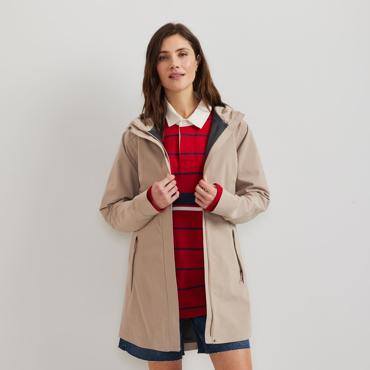 Women's Cloud Cap Waterproof Stretch Hooded Rain Parka-Tan-Regular-C1