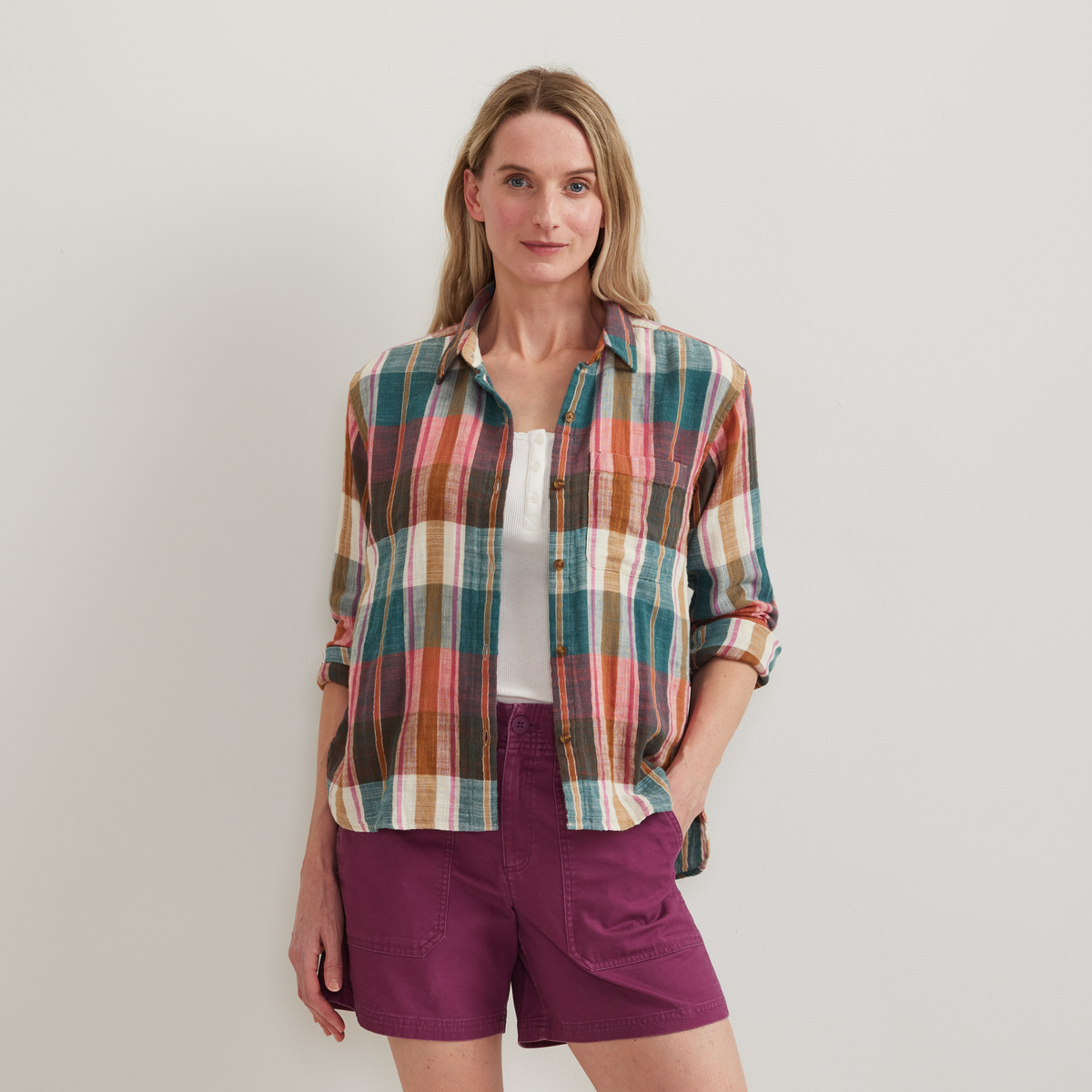 Women's Plaid Cotton Slub-Texture Shirt-Lt Berry-Regular-C1