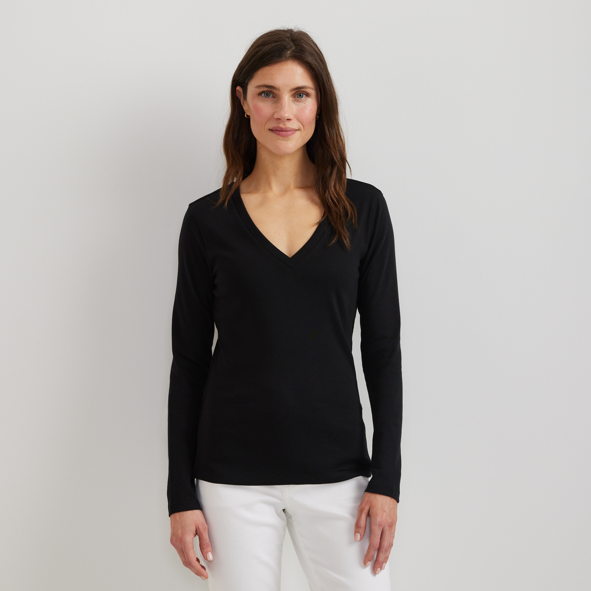 Women's Everyday Long-Sleeve V-Neck T-Shirt-Black-Regular-C1