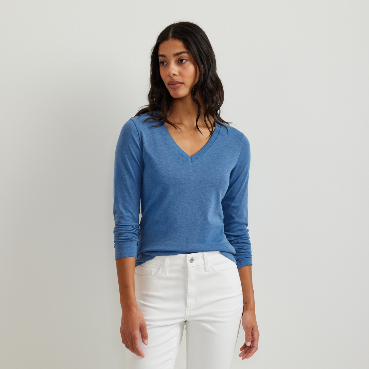 Women's Everyday Long-Sleeve V-Neck T-Shirt-Tile Blue-Regular-C1