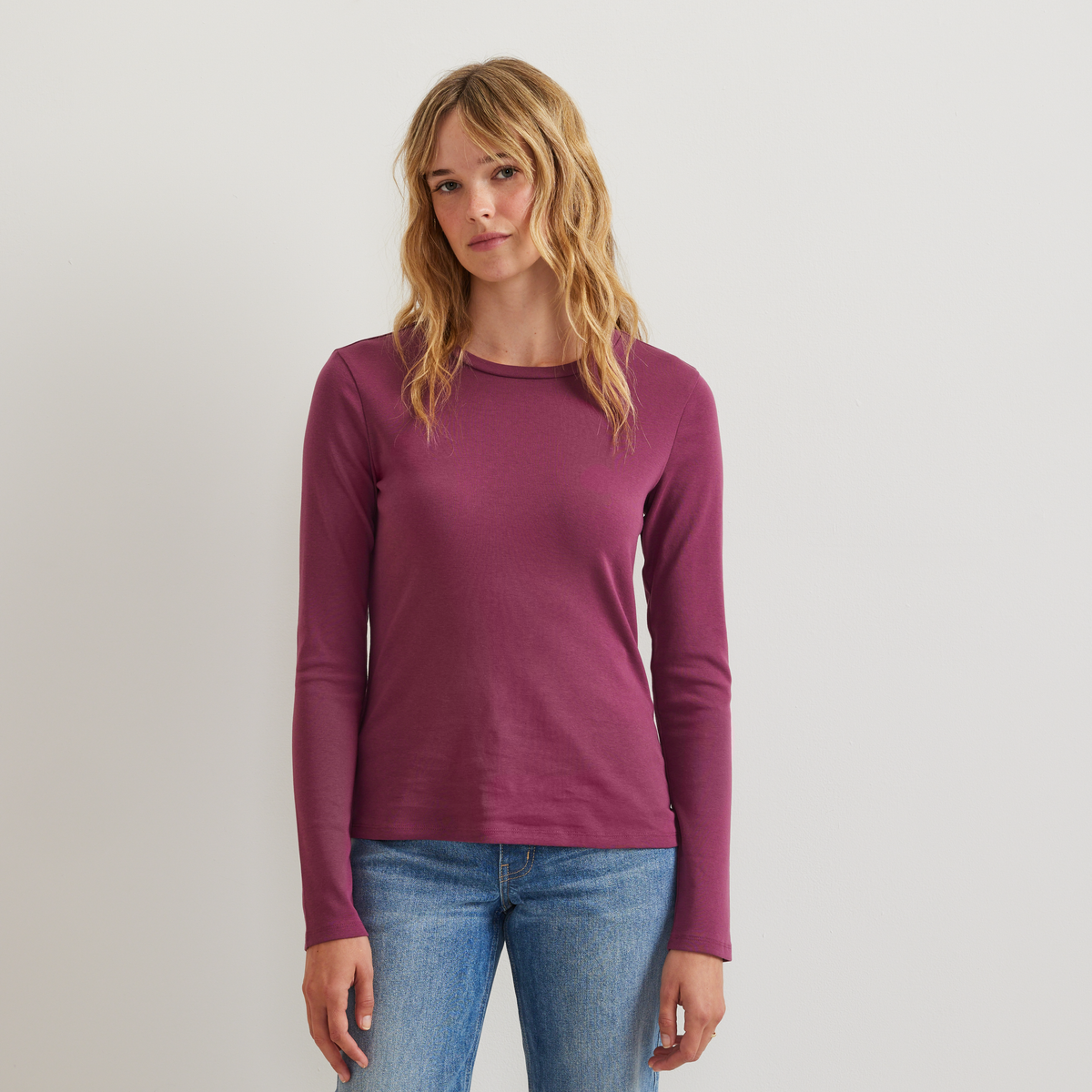 Women's Everyday Long-Sleeve Crewneck T-Shirt-Wine-Regular-C1