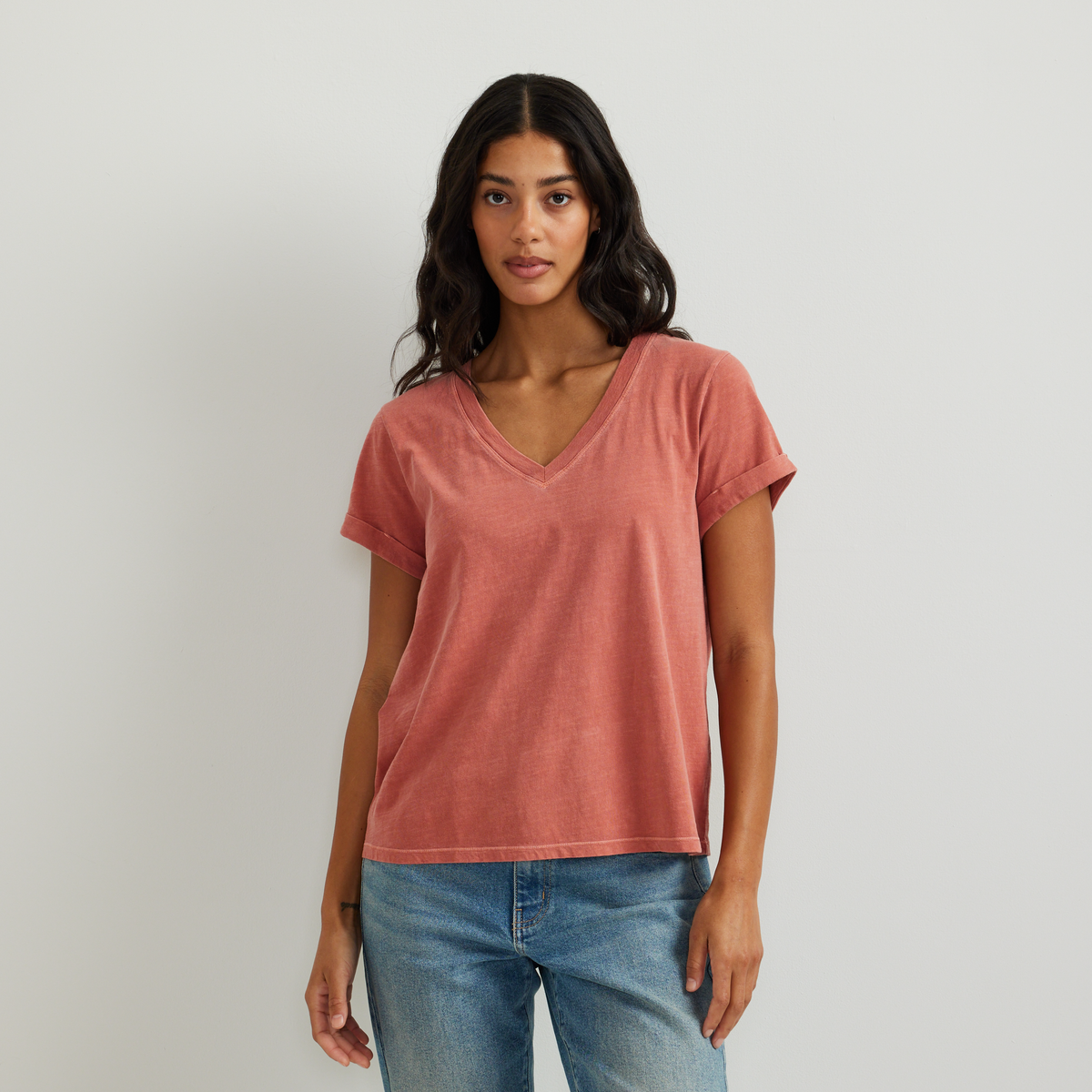 Women's Sunwashed V-Neck T-Shirt-Mineral Red-Regular-C1