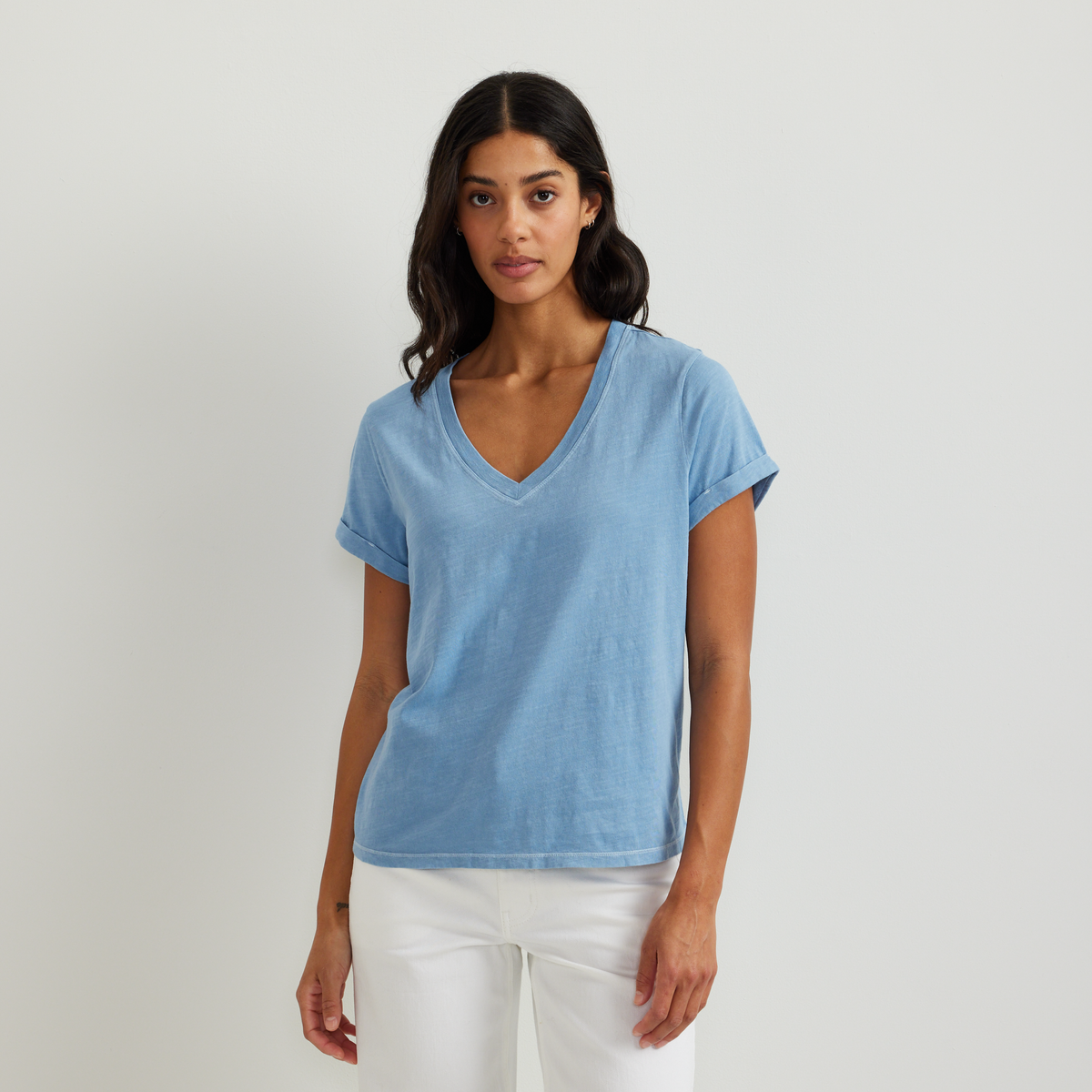 Women's Sunwashed V-Neck T-Shirt-Blue Fog-Regular-C1
