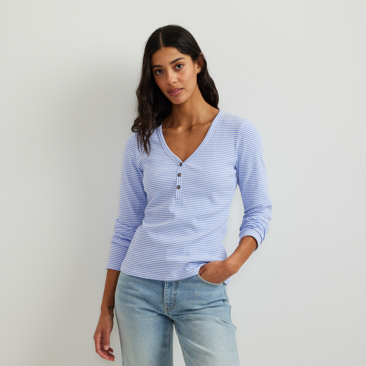 Women's Long-Sleeve Ribbed Henley T-Shirt - Stripe-Dusty Lavendar-Regular-C1