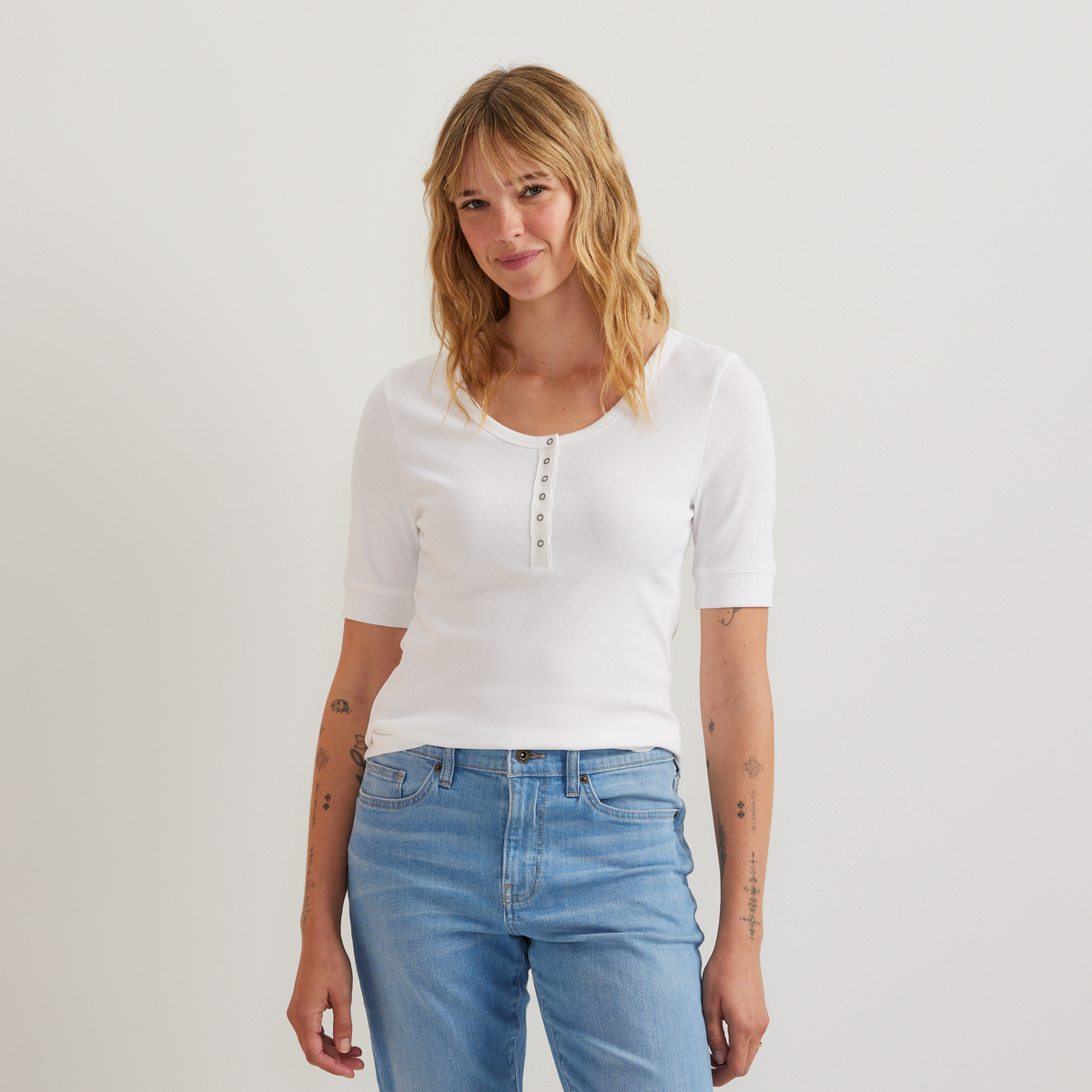 Women's Softline Short-Sleeve Ribbed Henley-White-Regular-C1