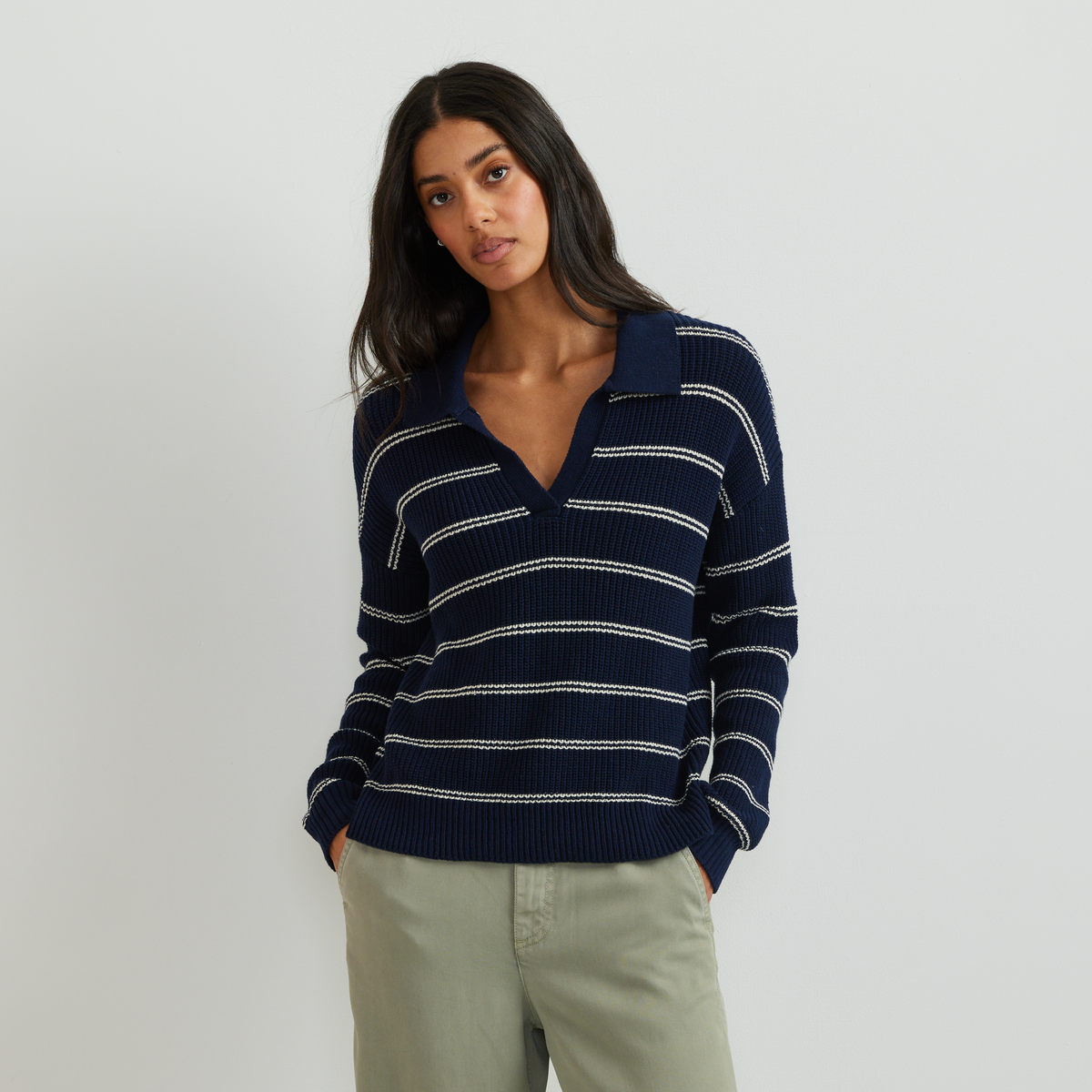 Women's Johnny Collar Striped Sweater-Brook-Regular-C1