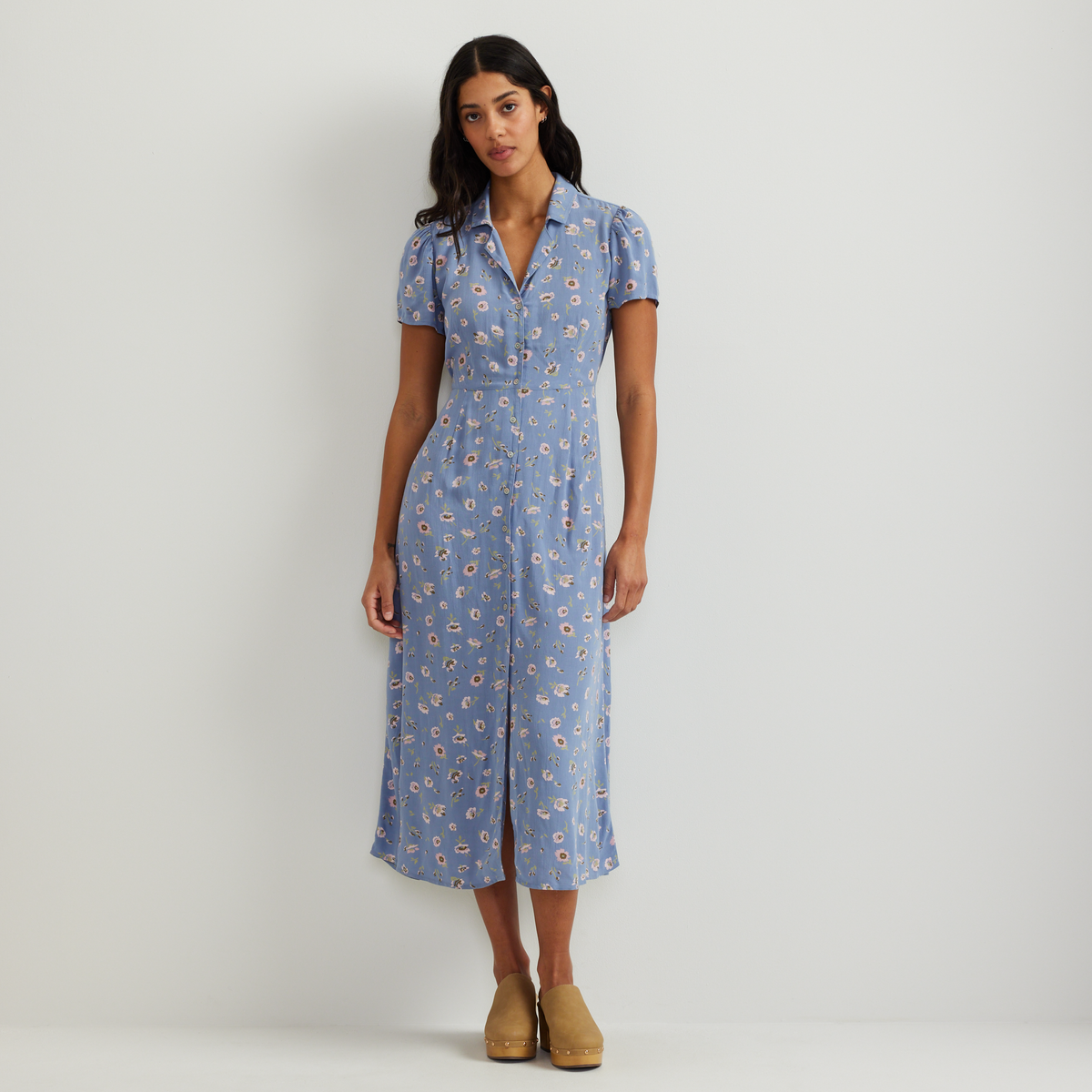Women's Camp Collar Short-Sleeve Midi Dress-Blue-Regular-C1