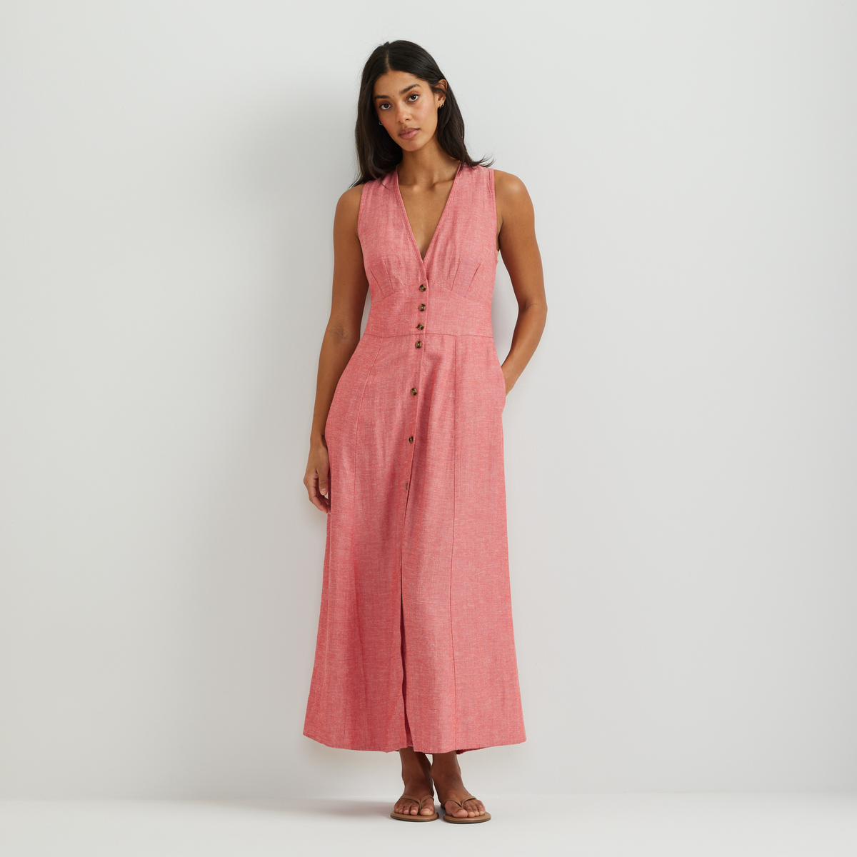 Women's Button Front Sl Midi Dress-Rhubarb-Regular-C1