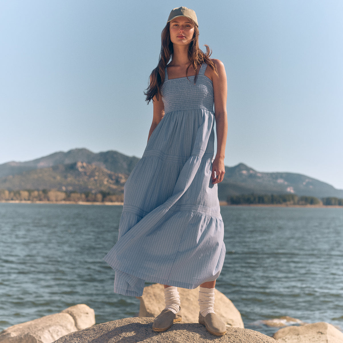 Women's Smocked Tiered Midi Dress-Sailor Blue-Regular-T1