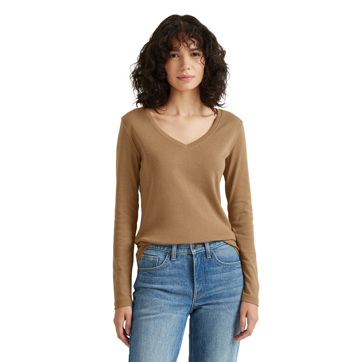 Women's Fav Long-Sleeve V-Neck T-Shirt Med Camel Regular-3